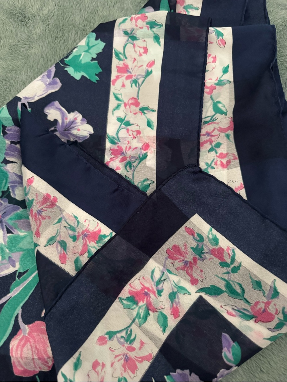 Navy Floral Border Scarf with Pink & Green Accents